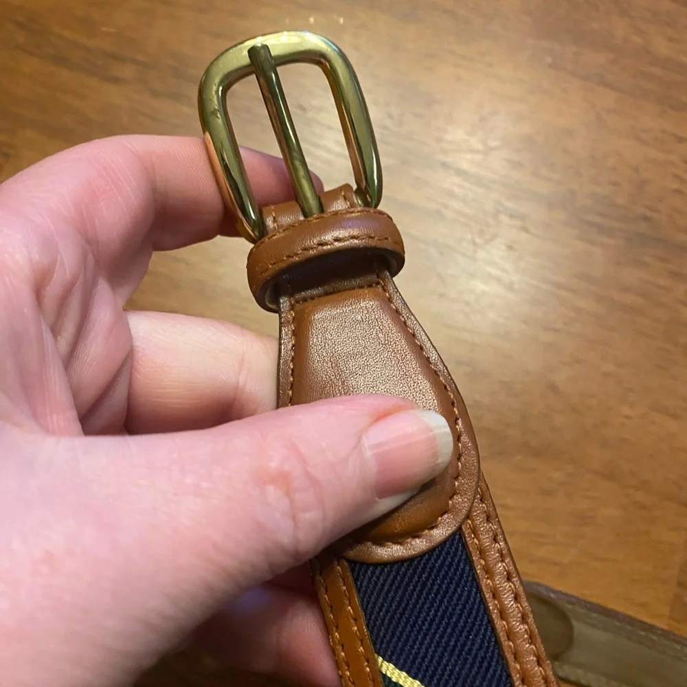 Lands' End Brown Leather-Trim Belt with Navy, Green & Red Stripes